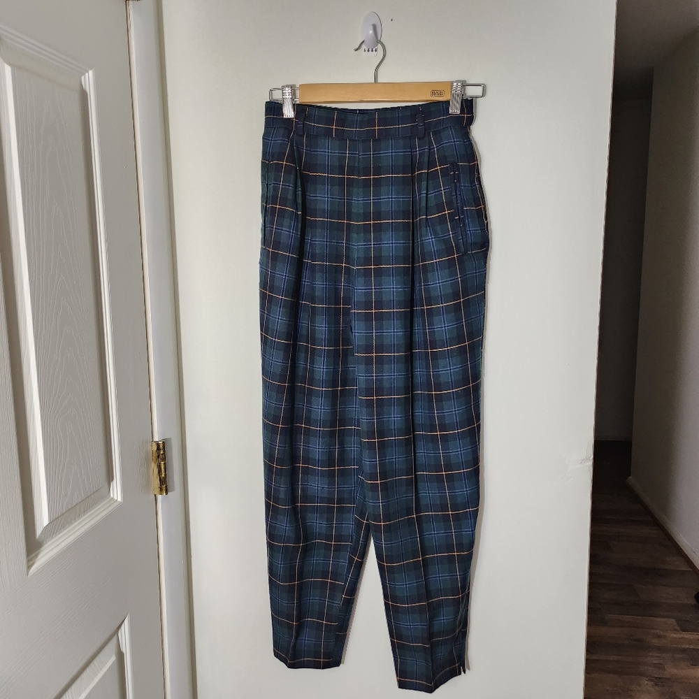 The Limited Navy and Green Plaid Tapered Trousers